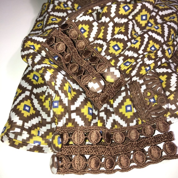 Tory Burch Brown Yellow Diamond Geometric Pattern Embroidered Trim Top Size 6 - Picture 5 of 7